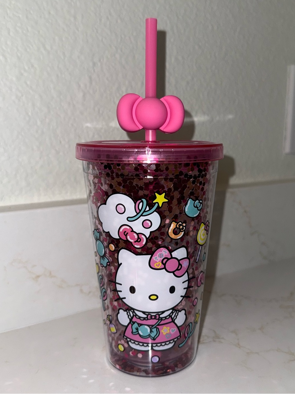 Hello Kitty Pink Glitter Character Tumbler with Bow Straw